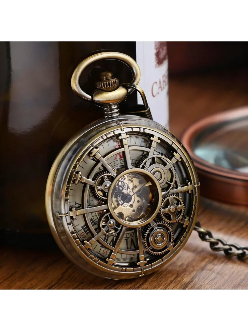 Men's Brown Vintage Style Hollow-Out Round Gear Arabic Mechanical Pocket Watch